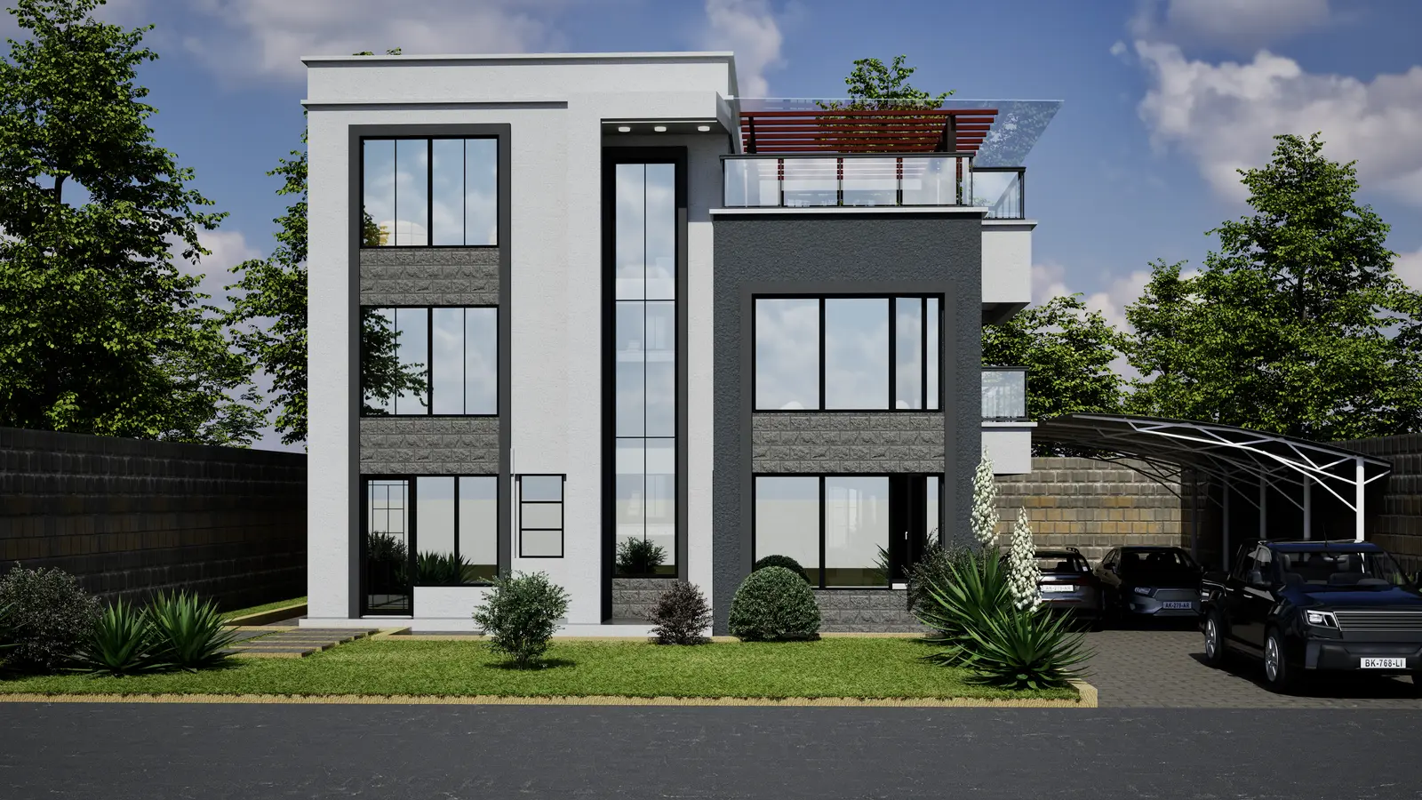 Architectural render of the Kamakis residence front elevation, with white walls, stone accents and a roof terrace