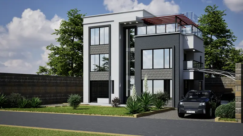 Angled architectural render showing the Kamakis residence roof terrace, side balcony and covered carport