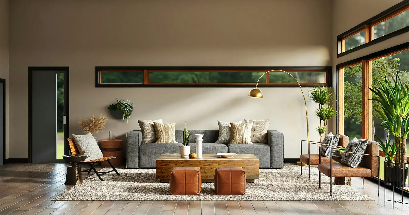Warm contemporary living room with a low sofa, timber furniture and a clerestory window