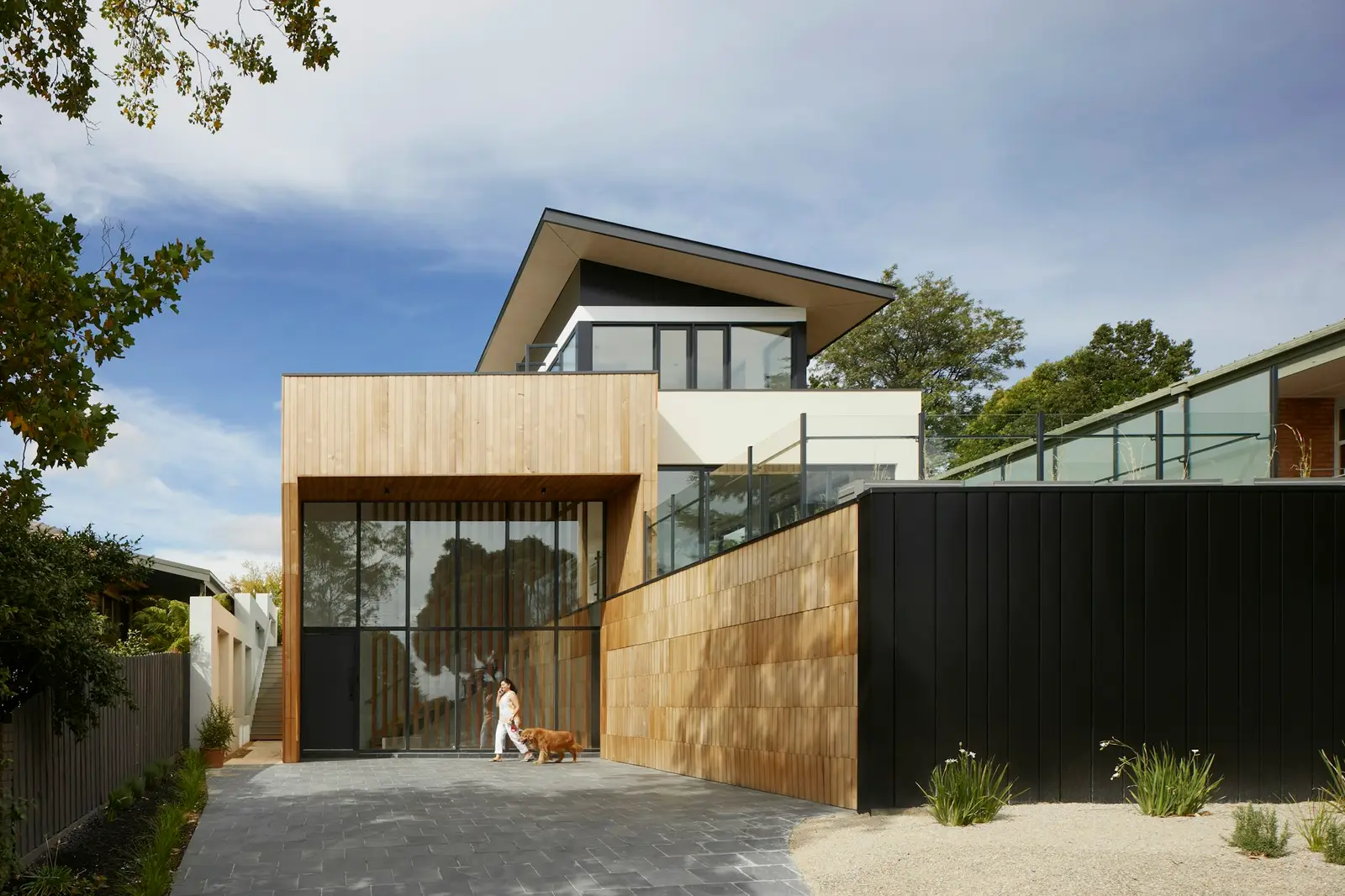 Modern house with a timber-clad entrance volume and concrete walls